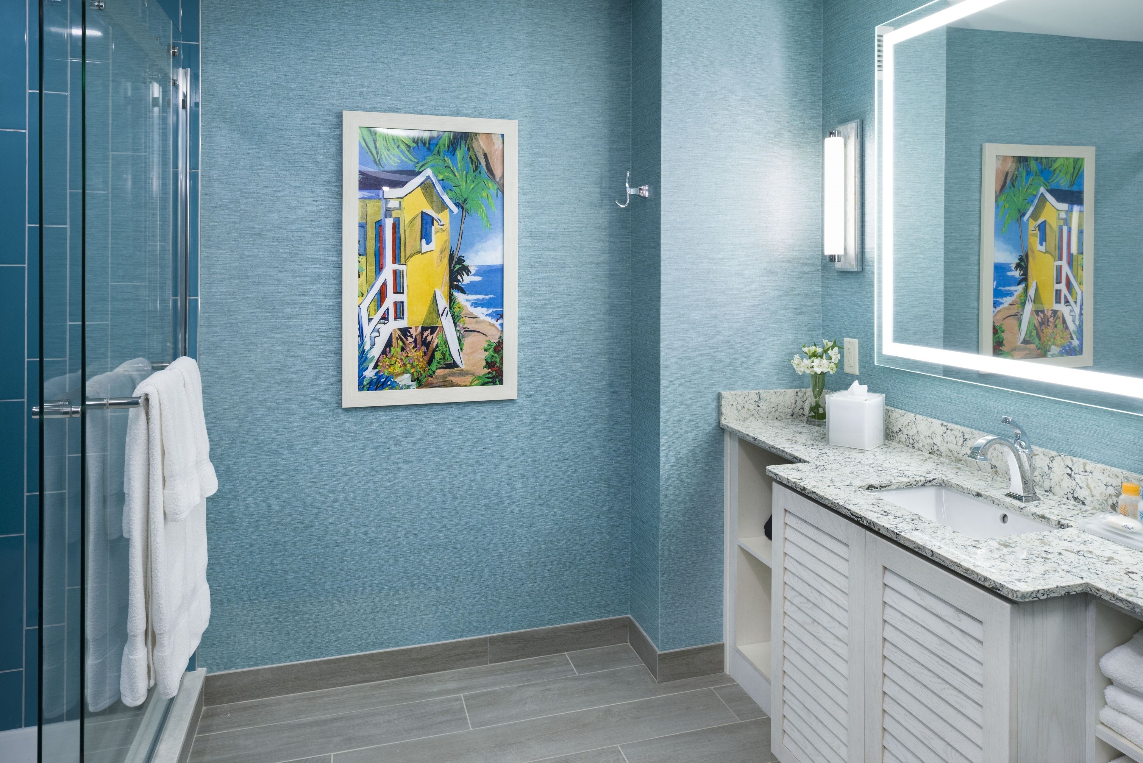 shower, rainfall showerhead, designer toiletries, hair dryer