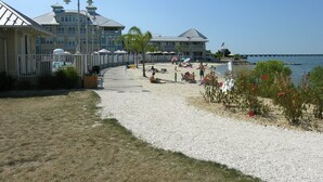 A beachfront hotel with a pool, beach umbrellas, and a view of the ocean.