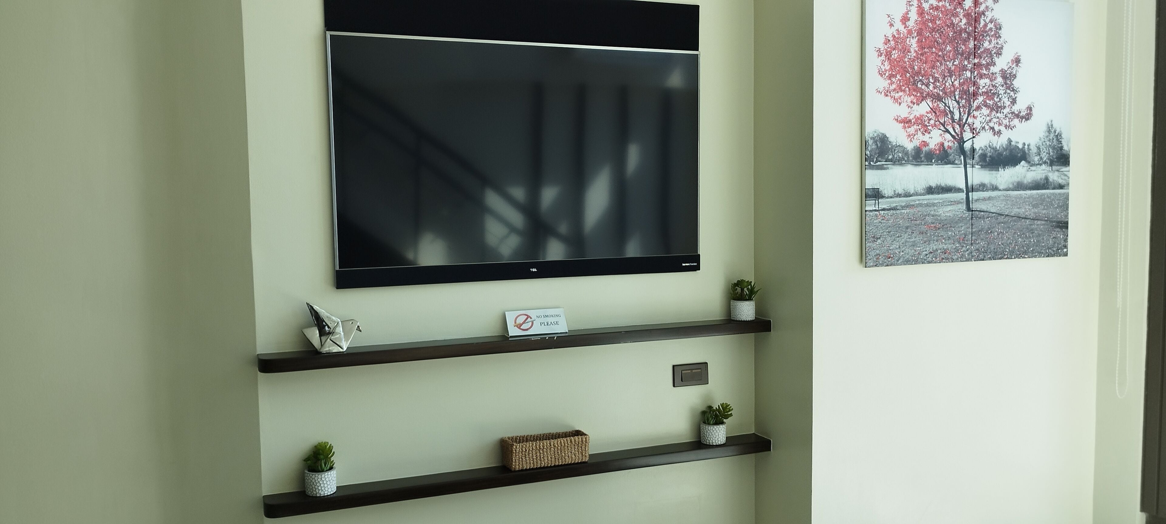 Un téléviseur fixé au mur, au-dessus d’une étagère ornée d’objets décoratifs, et un panneau indiquant « Il est interdit de fumer ».
