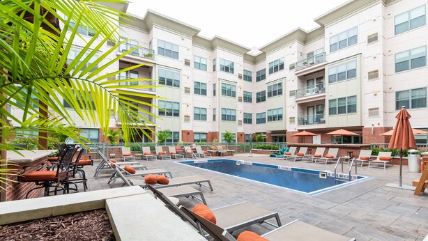 A rooftop pool area with lounge chairs and umbrellas, surrounded by a multi-story building with balconies. - Montclair Apartments by Gracen Properties (Montclair)