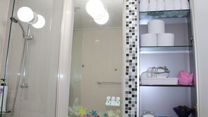 Une salle de bain avec une douche à parois de verre, un porte-rouleau de papier toilette et une étagère contenant des articles de toilette.