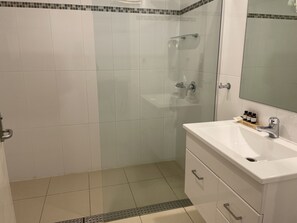 Shower, free toiletries, hair dryer, towels