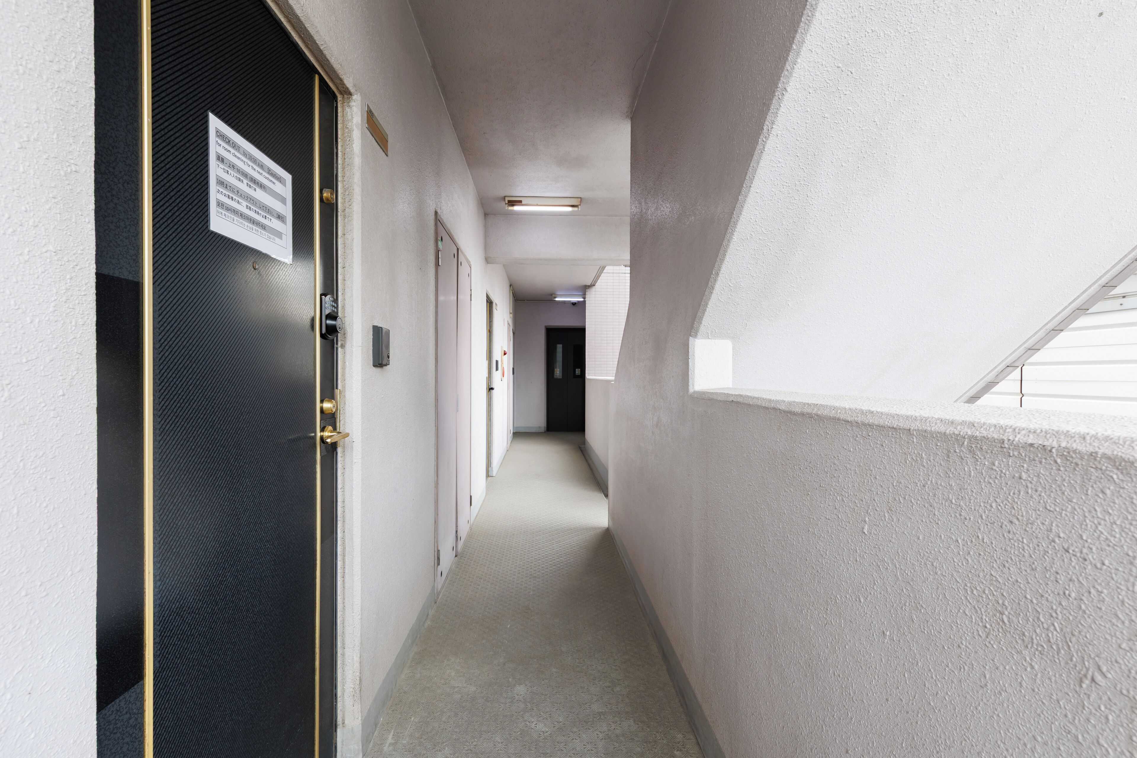A narrow hallway with doors on both sides, a ceiling light, and a window on the right.