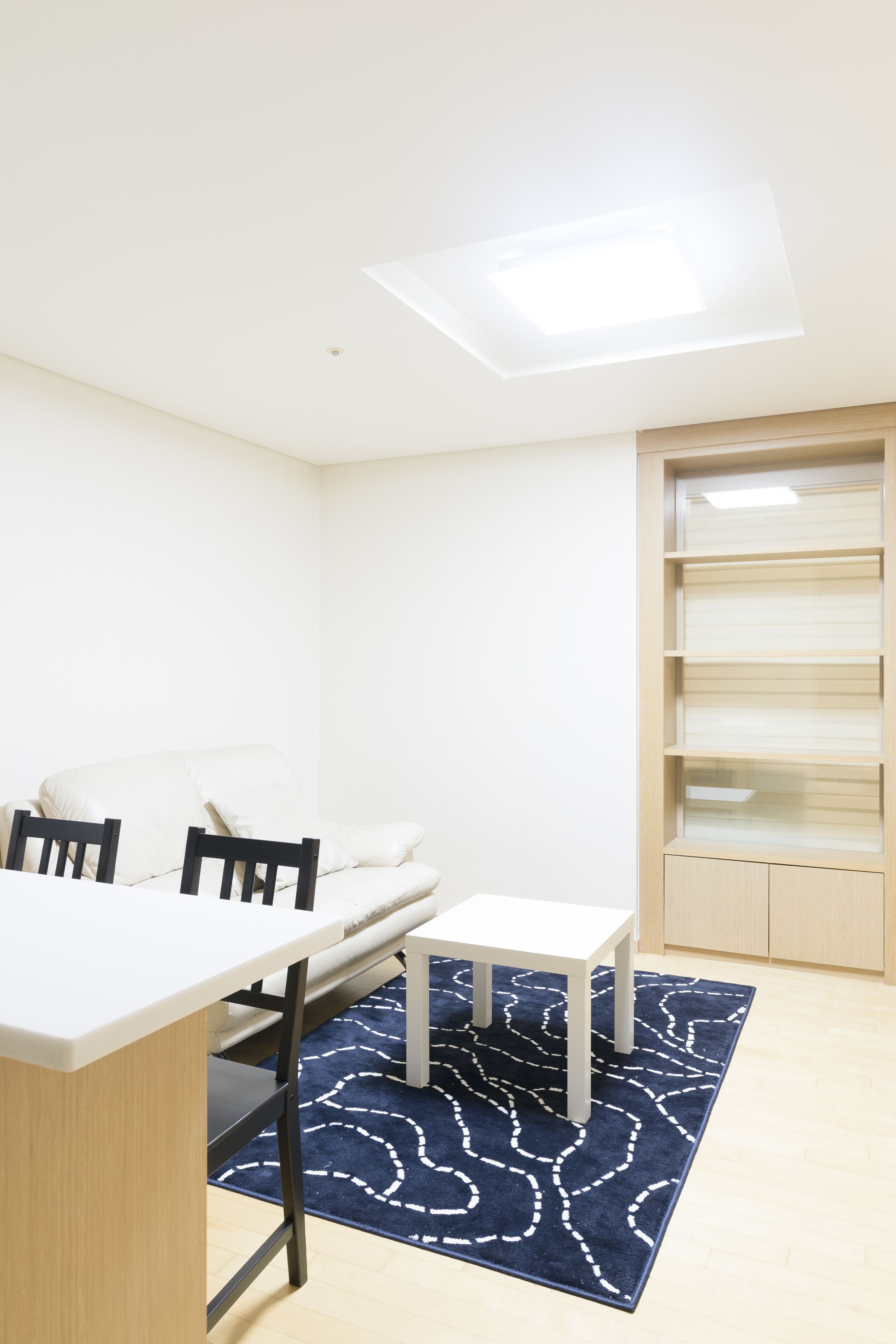 A room with a white ceiling, a skylight, a white sofa, a small white table, and a patterned rug.