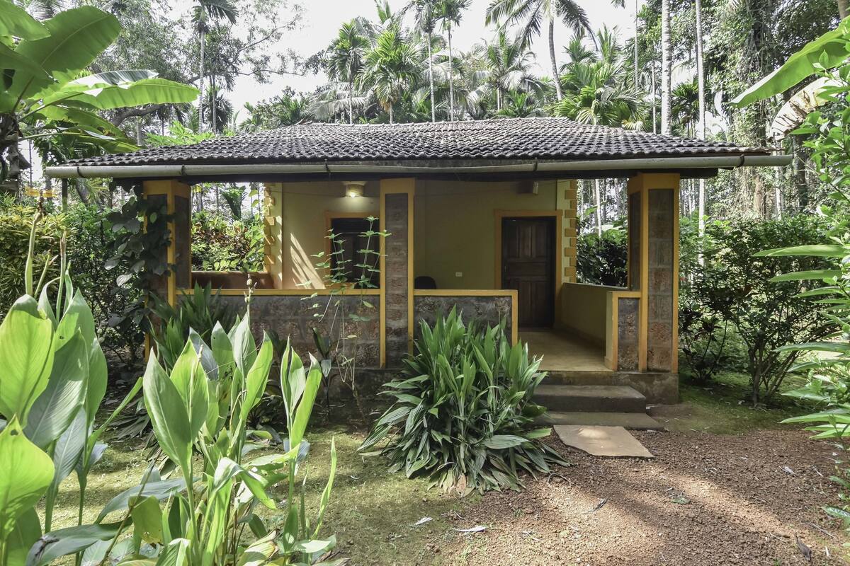 A small, single-story building with a tiled roof, surrounded by lush greenery and palm trees.