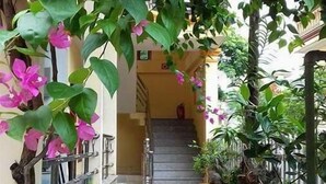 A narrow pathway flanked by lush greenery and vibrant pink flowers, leading to a staircase and a building entrance. - Tam Coc Family Hotel Ninh Binh (Nam Hoa Lu)