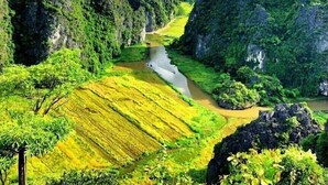 A lush valley with a river, surrounded by dense forest and mountains. - Tam Coc Rice Fields Homestay (Nam Hoa Lu)