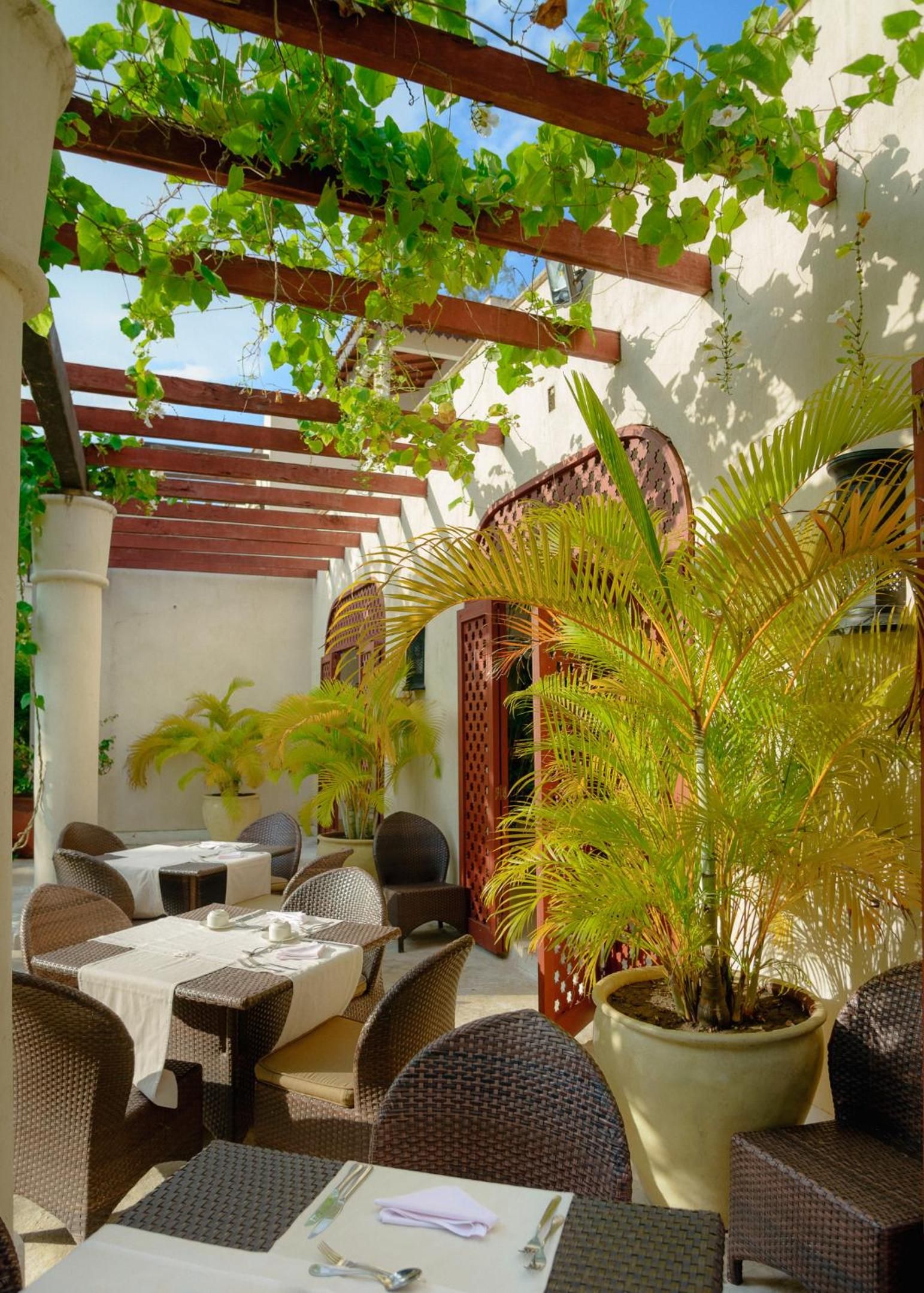 A patio area with wicker furniture, a table set for dining, and a potted plant.