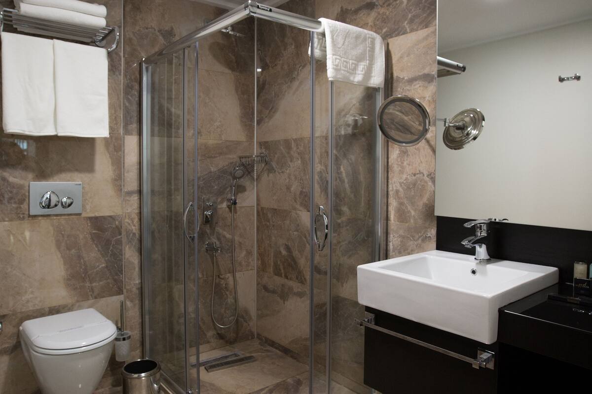 shower, free toiletries, hair dryer, towels