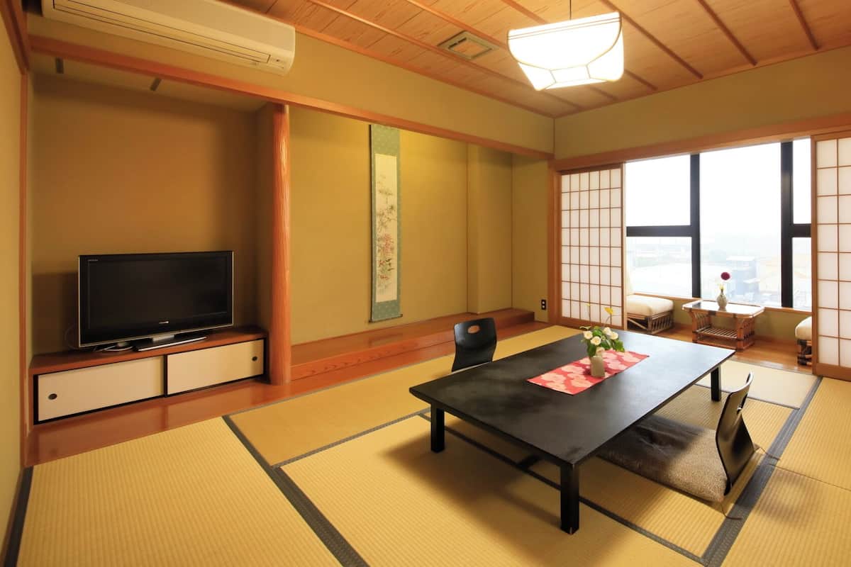 A traditional Japanese room with tatami flooring, a television, a sliding door, and a view of the city.