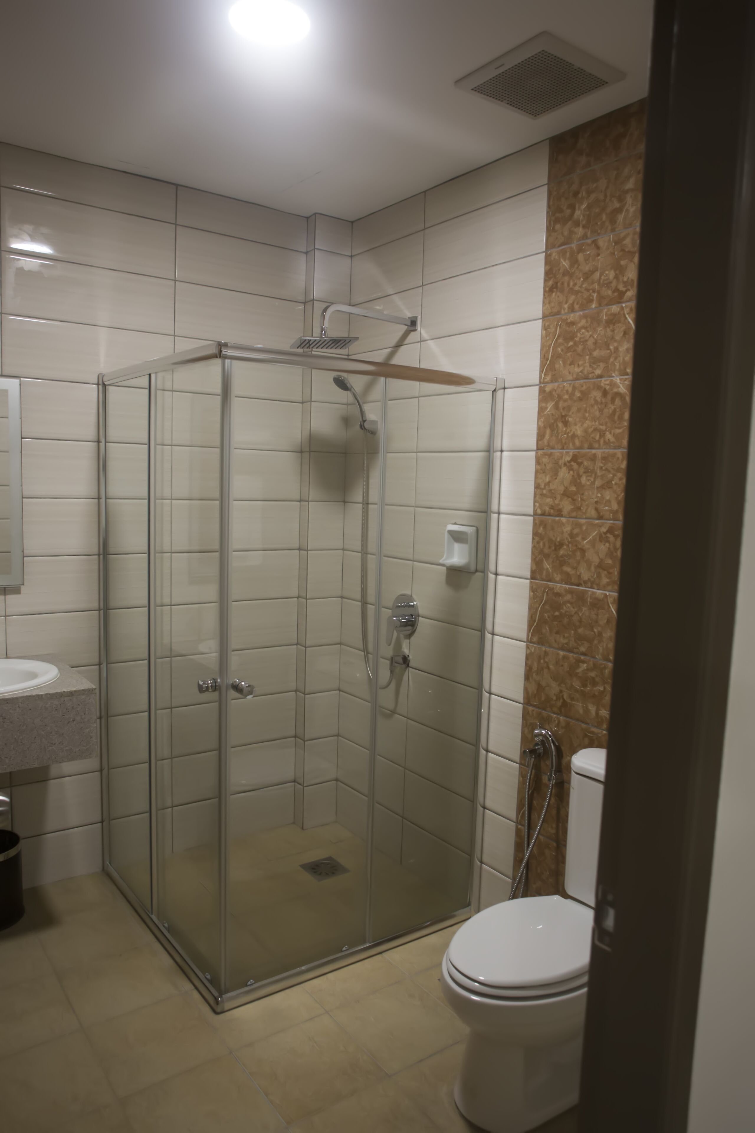 A glass-enclosed shower stall with a handheld showerhead, a toilet, and a sink with a marble countertop.