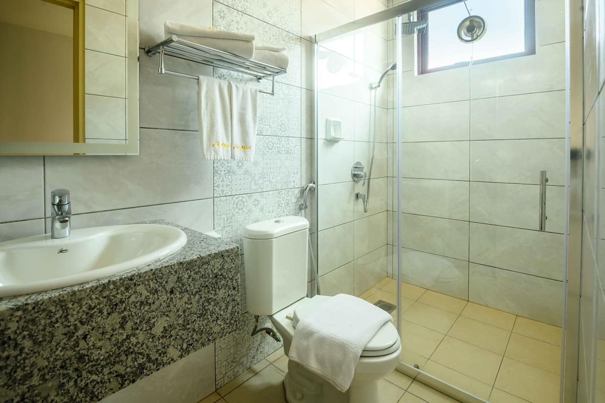 deluxe room, 1 king bed | bathroom | shower, rainfall showerhead, free toiletries, hair dryer