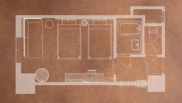 A floor plan with a kitchen, dining area, and a living room.