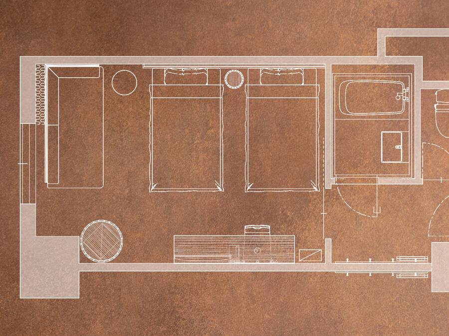 A floor plan with a kitchen, dining area, and a living room.