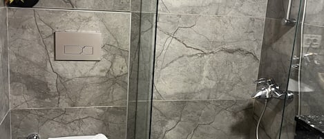 Un baño con ducha separada por mampara de vidrio, inodoro y pared de mármol.