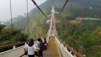 Un puente colgante con pasarela de madera, rodeado de exuberante vegetación y colinas.