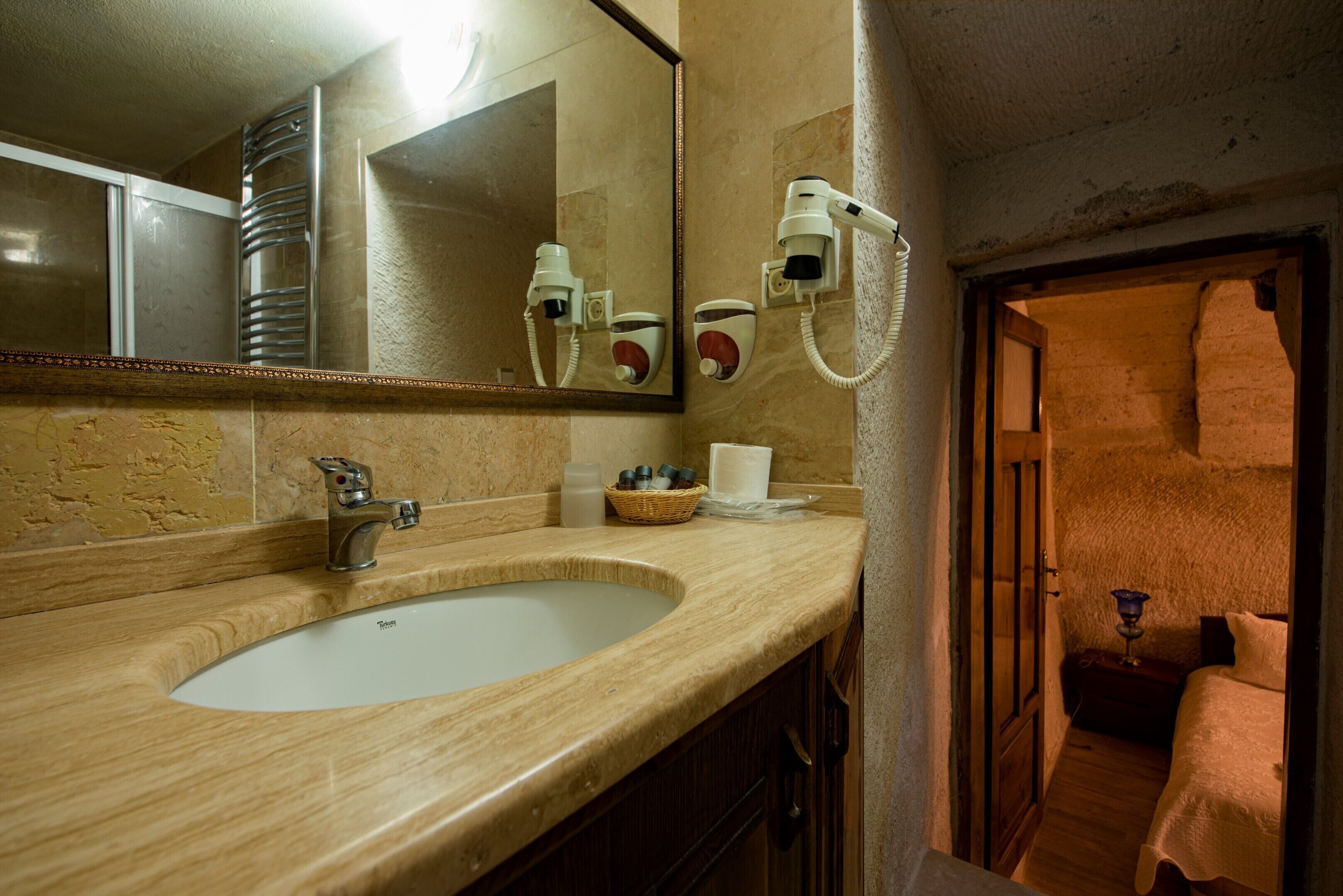 family room | bathroom | shower, hair dryer, slippers, towels
