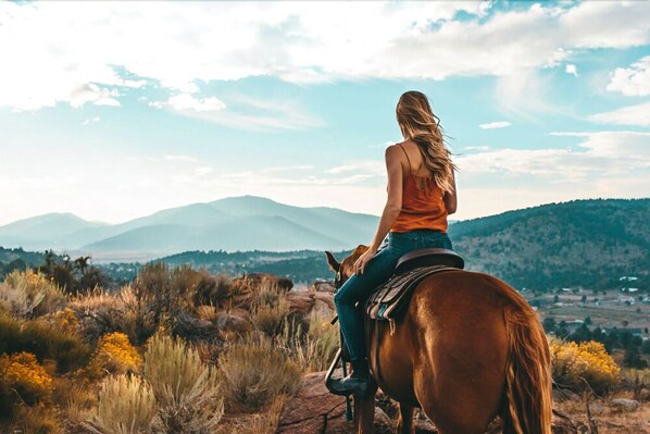 A person riding a horse in a natural landscape with mountains in the background. - All Seasons Chateau (Big Bear Lake)