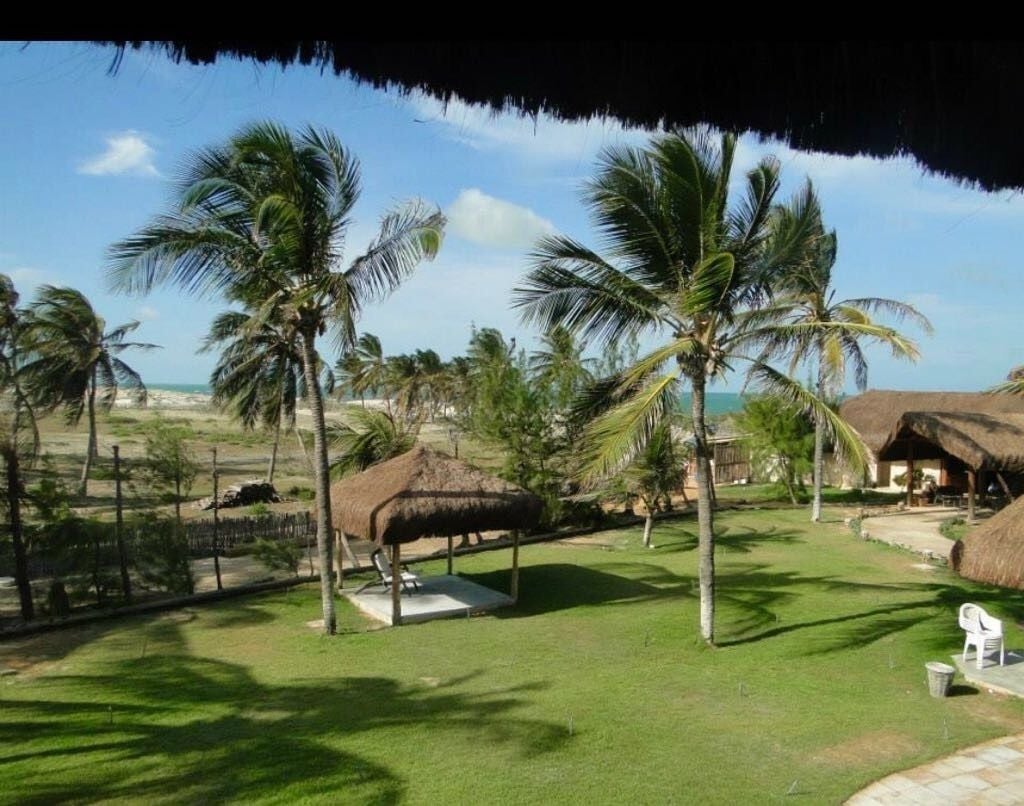 Un resort tropical con palmeras, cabañas de techo de paja y un césped.