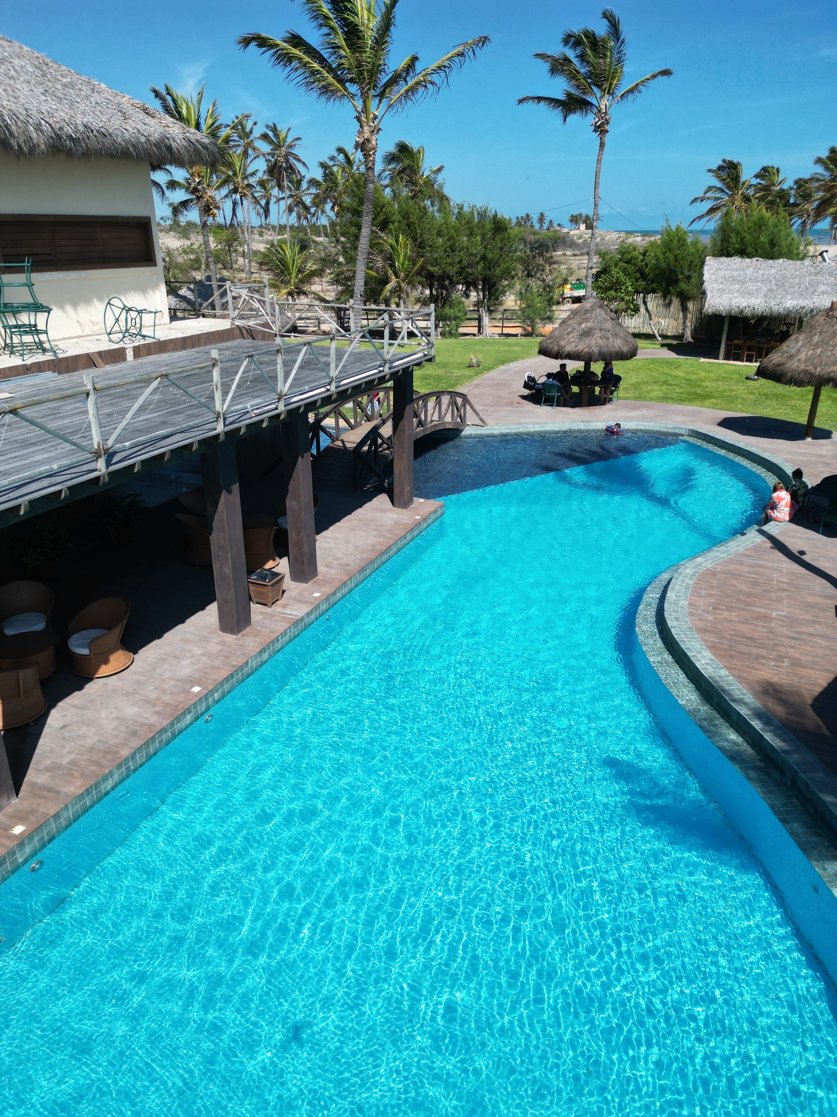 A swimming pool with a wooden deck and lounge chairs, surrounded by palm trees and a thatched-roof structure.