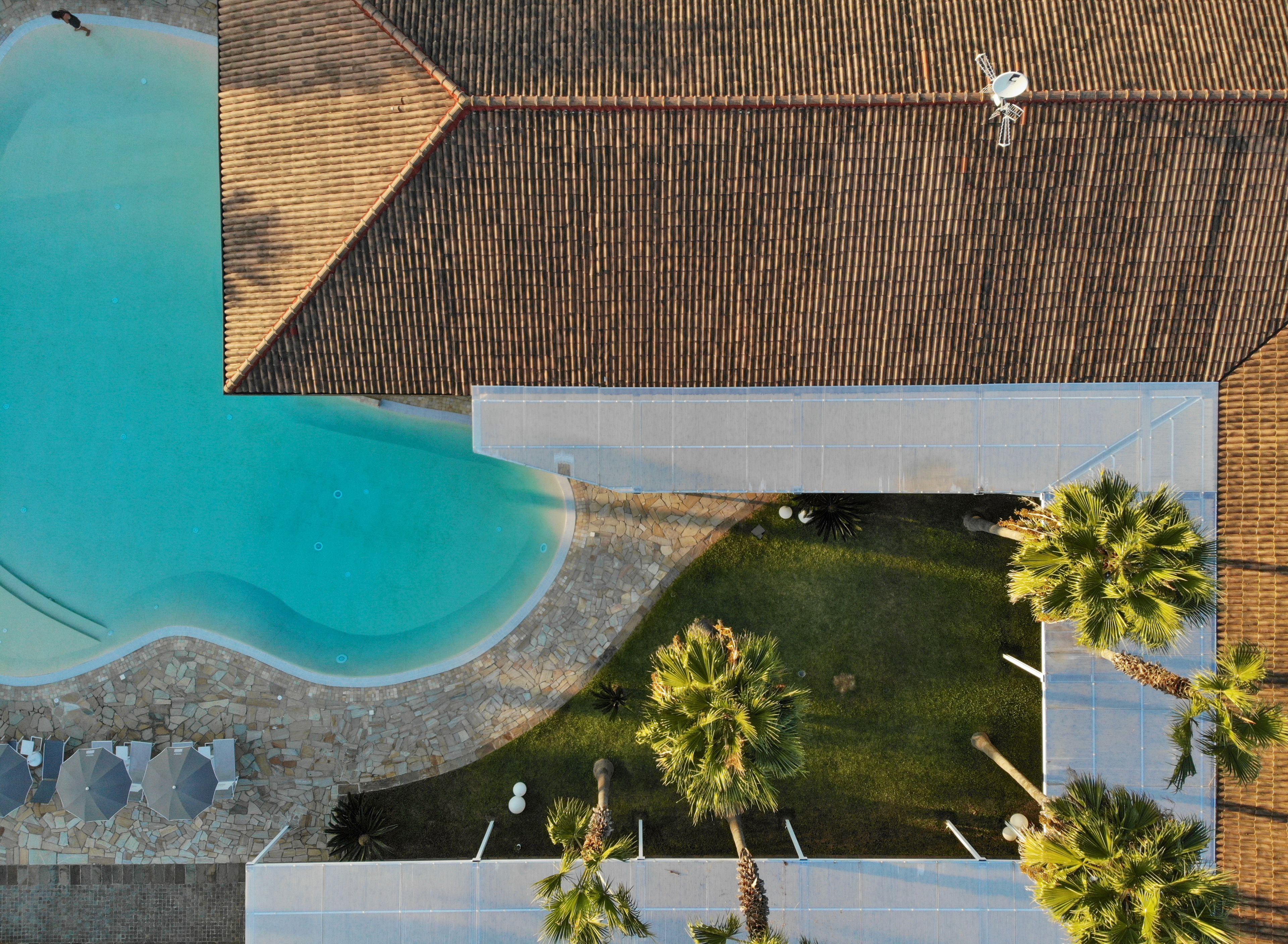 Vista aérea de una piscina con plataforma de baldosas, rodeada de palmeras y un sendero de piedra.