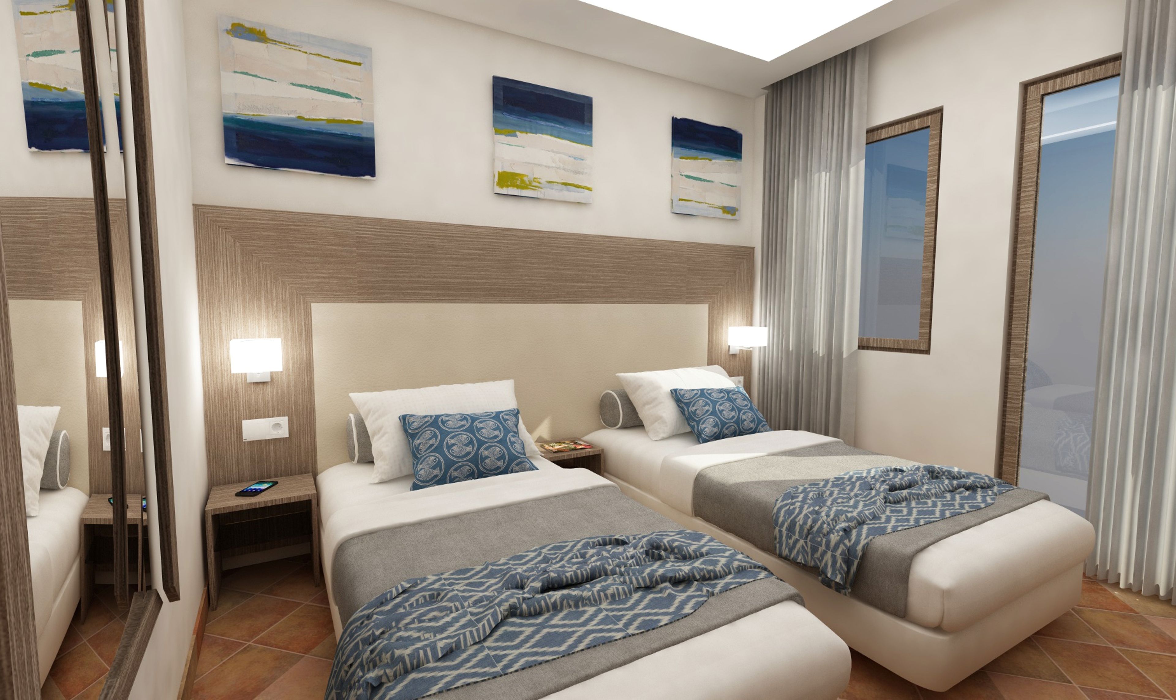 A hotel room with two beds, a large mirror, and artwork on the walls.