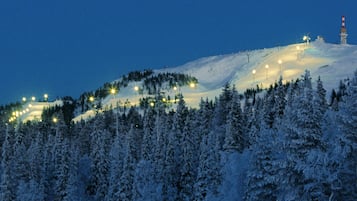 A snow-covered landscape with a ski slope and a lighthouse.