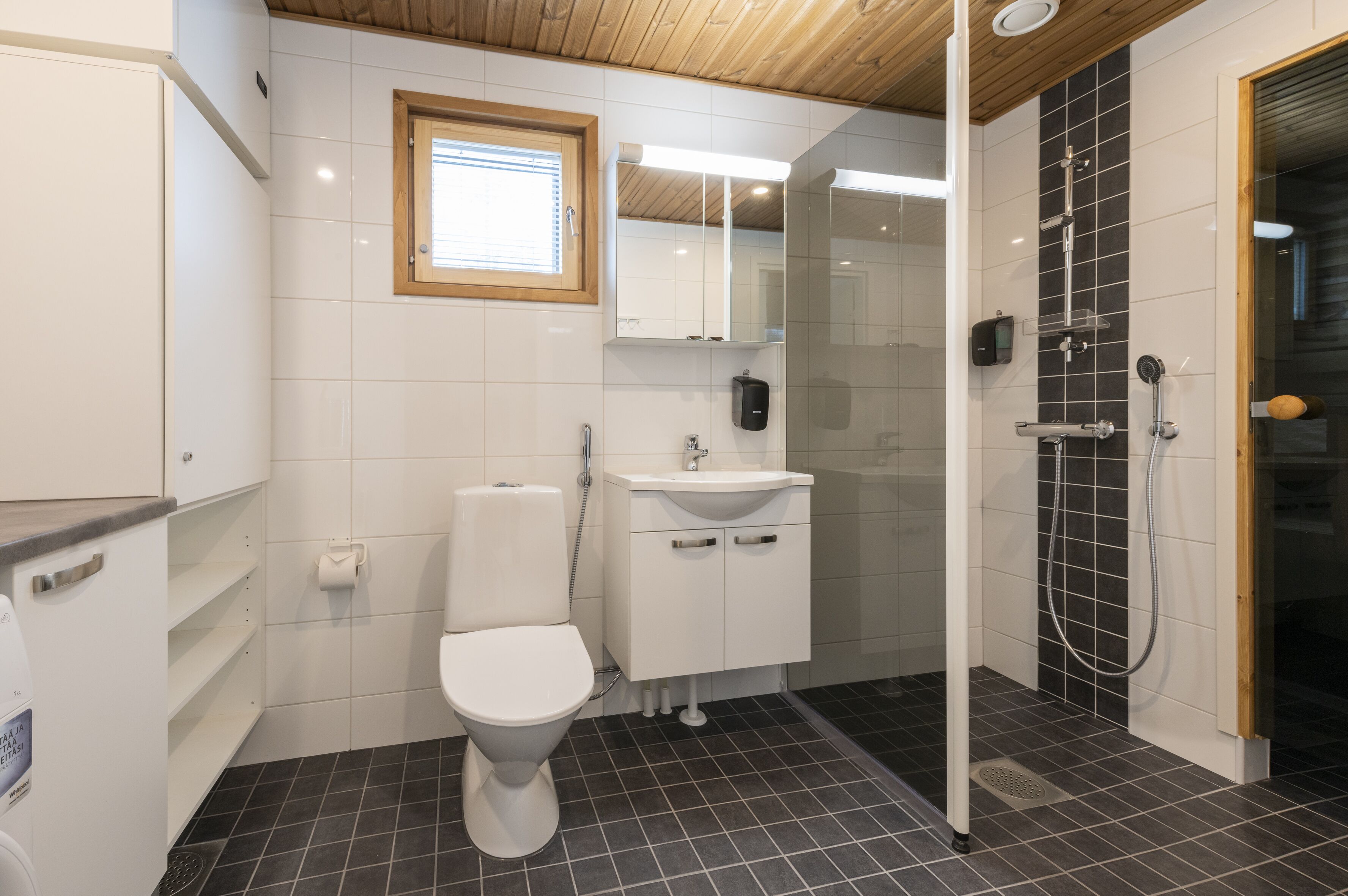 Un baño moderno con inodoro, lavabo y ducha.