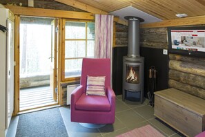 Flat-screen TV, fireplace, DVD player
