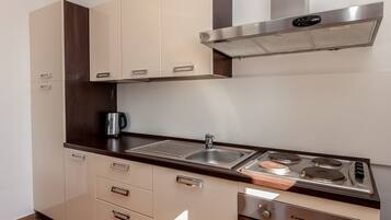 Superior Apartment, 2 Bedrooms | Private kitchen | Fridge, stovetop, electric kettle, high chair