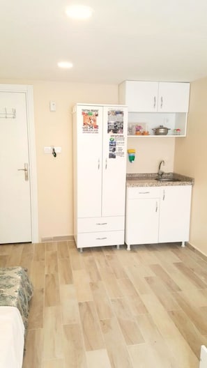 Familiestudio | Eget tekjøkken | Kjøleskap, mikrobølgeovn, vannkoker og kjøkkenutstyr