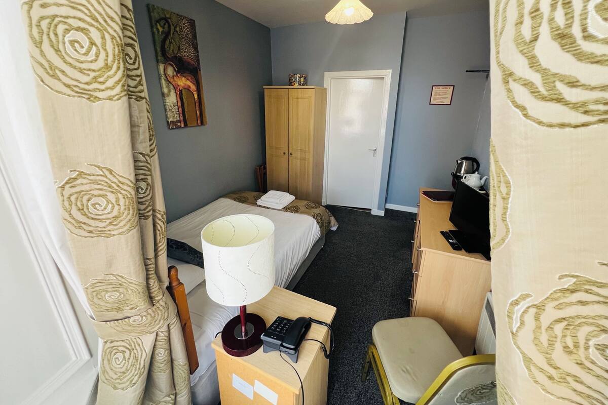Habitación de hotel compacta con una cama individual, un escritorio con teléfono, una silla, un armario y un cuadro en la pared.