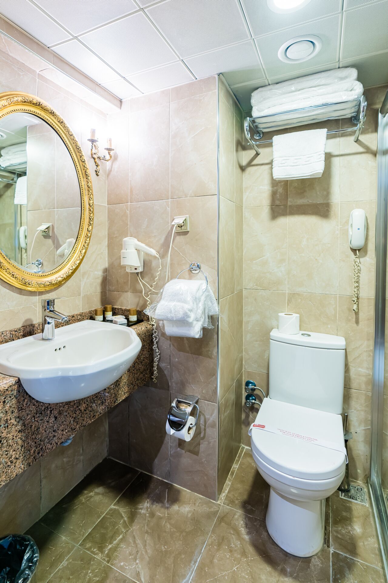 Baño con lavabo, espejo, inodoro y toallero.