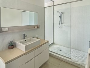A modern bathroom with a glass-enclosed shower, a sink with a mirror above, and a small potted plant on the counter. - 1 Bright Point Apartment 2305 (Nelly Bay)