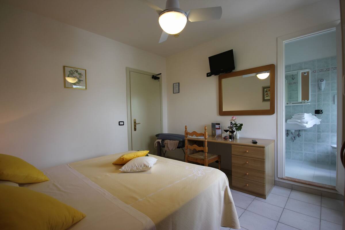 A bedroom with a bed, a desk, a chair, a dresser, a mirror, and a bathroom with a shower.