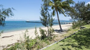 A beach with clear blue water, a wooden pier extending into the sea, and palm trees lining the shore. - Picnic Bay Apartments Unit 3 (Picnic Bay)