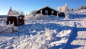 A snow-covered landscape with a wooden cabin and a small shed.