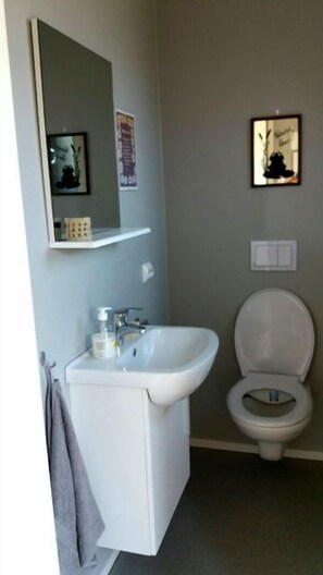 A bathroom with a white sink, mirror, and toilet. There is a towel hanging on the wall and a small shelf above the sink. - Haver Cabin - Sirevåg (Ha)