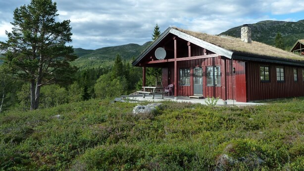 Eine rote Holzhütte mit einem Strohdach, umgeben von üppiger Vegetation und Bergen.