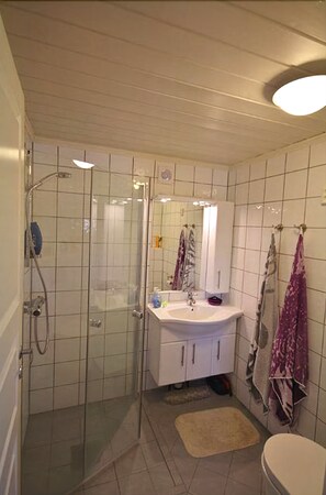 Un baño con ducha de vidrio, lavamanos blanco y retrete.