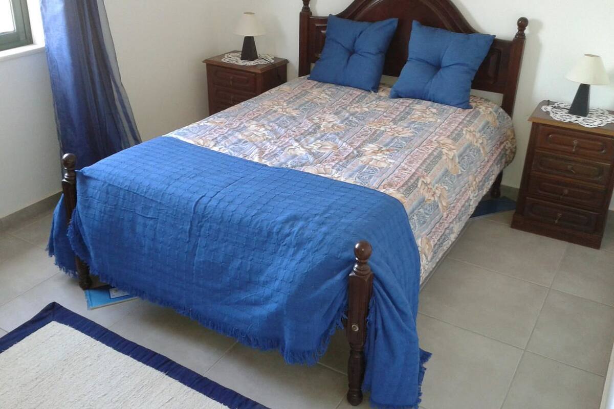 A neatly made bed with a patterned bedspread and blue pillows, flanked by wooden nightstands with lamps and drawers.
