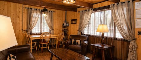 Cabaña estándar, para no fumadores, cocina | Área de sala de estar | Televisión de pantalla plana, chimenea y reproductor de DVD