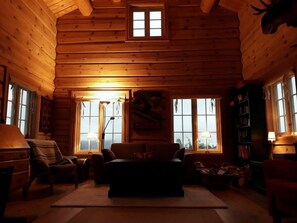 A cozy log cabin interior with a fireplace, a sofa, and a bookshelf. - Blazerbu - Cabin for 8 persons - Hol (Hol)