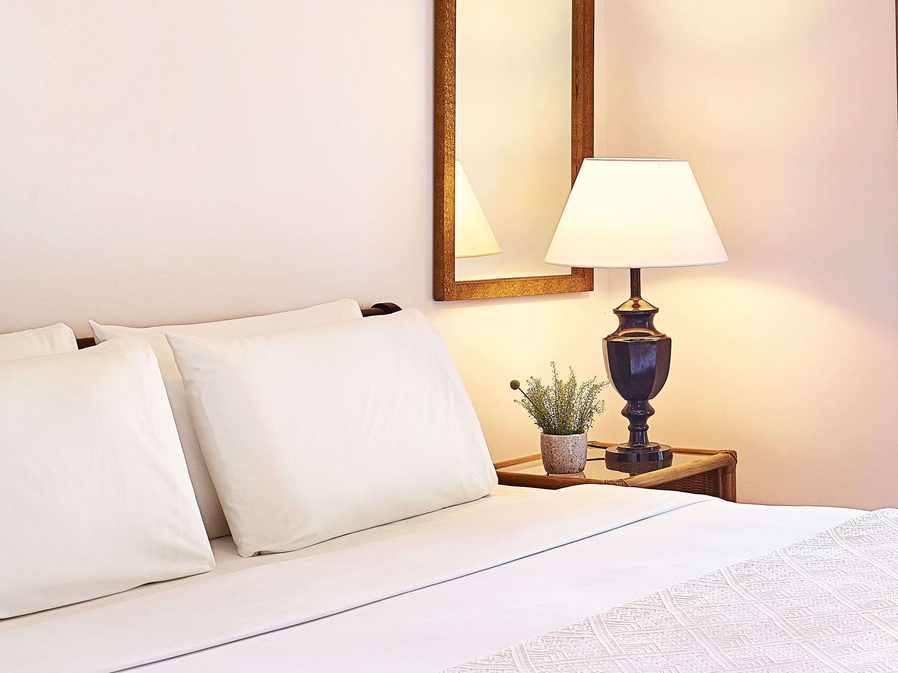 A neatly made bed with white linens, a bedside table with a lamp, and a small potted plant.