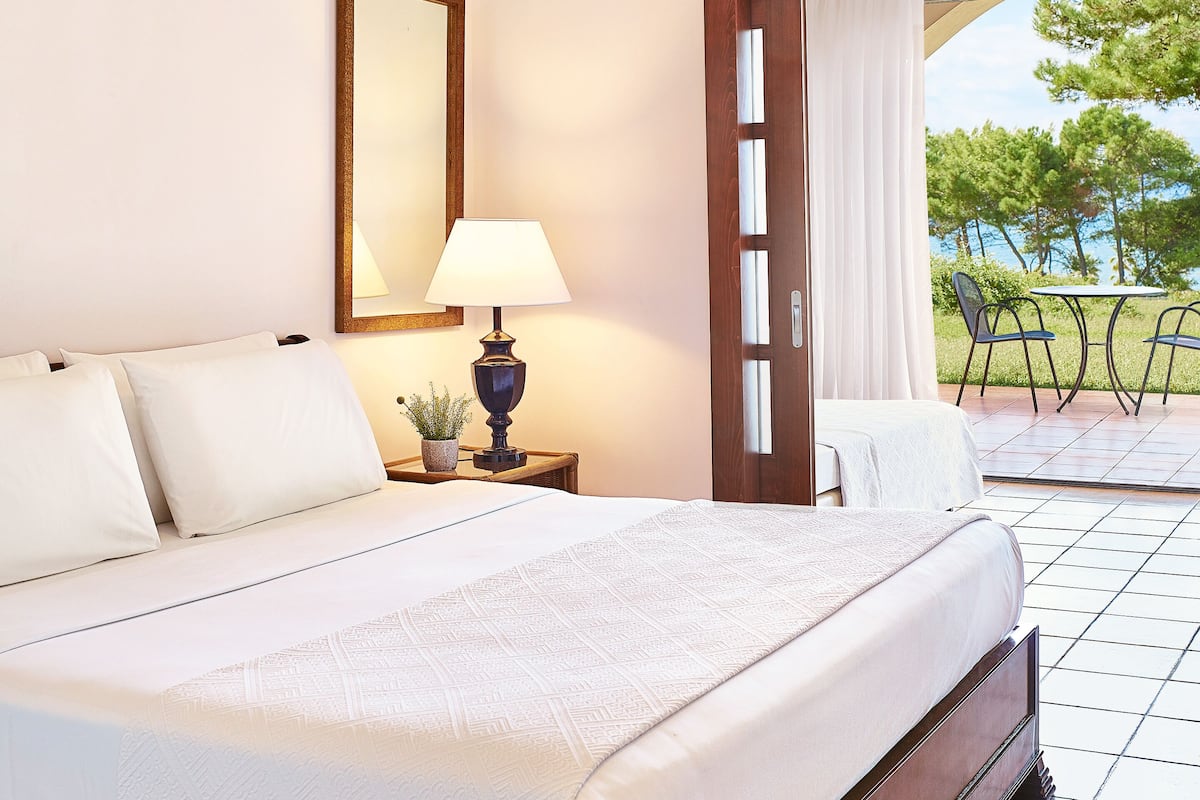 Habitación de hotel con una cama, una mesita de noche con lámpara, una planta en maceta y vistas al exterior.