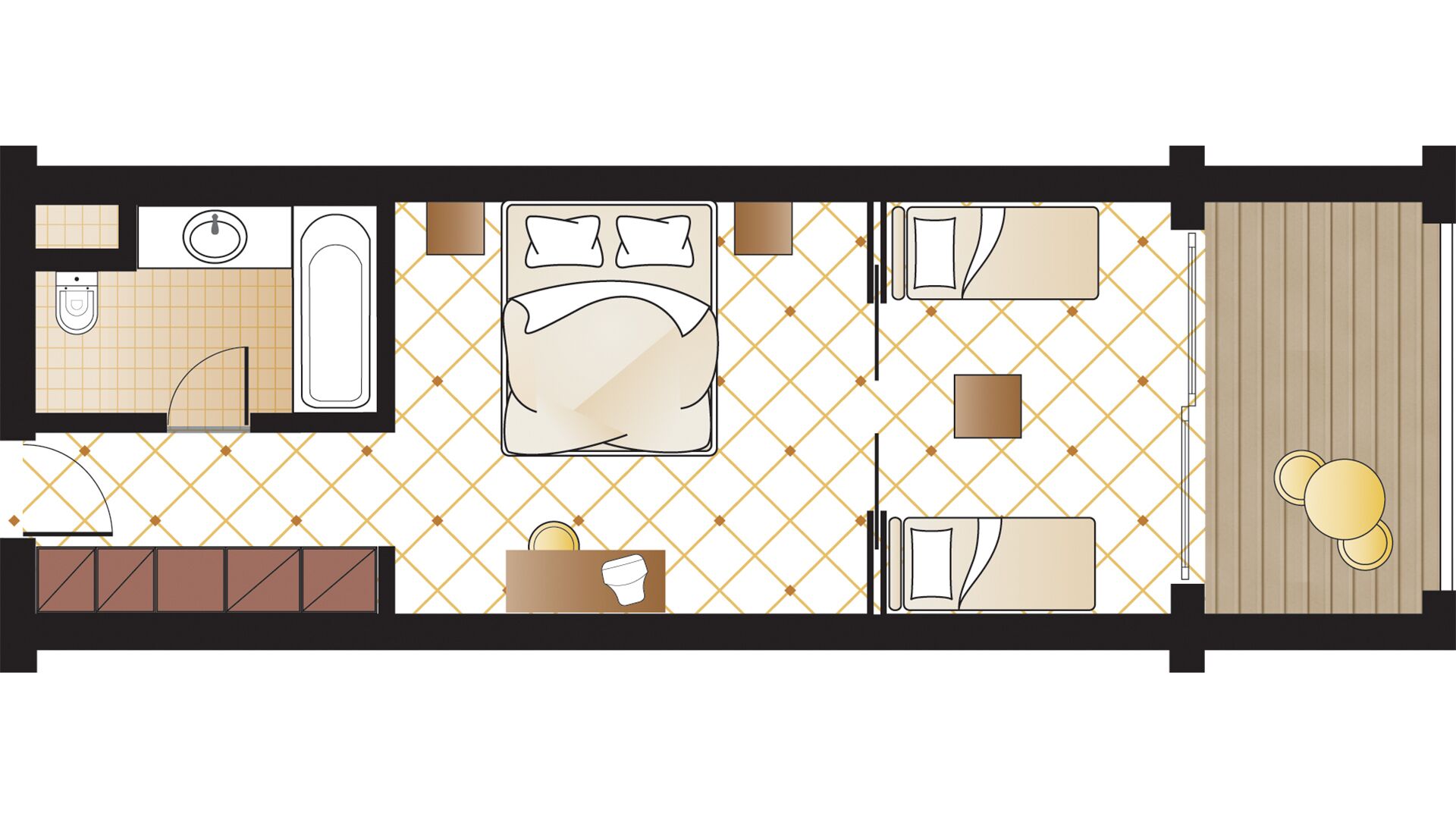 A hotel room layout with a bed, bathroom, kitchenette, and a small seating area.