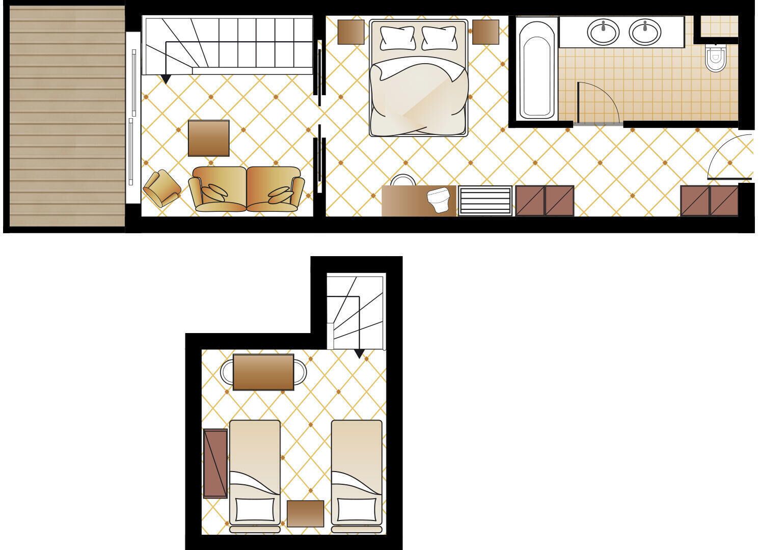 A hotel room layout with a bed, two chairs, a desk, a bathroom, and a small sitting area.