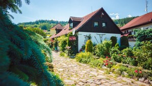 Un camino empedrado que lleva a una hilera de casas tradicionales con tejados de tejas rojas, rodeado de abundante vegetación y plantas en flor.