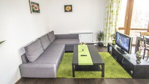 A modern living room with a grey sofa, a green rug, a TV on a black stand, and two wall-mounted paintings. - Flora Apartment Centrum (Sofia)