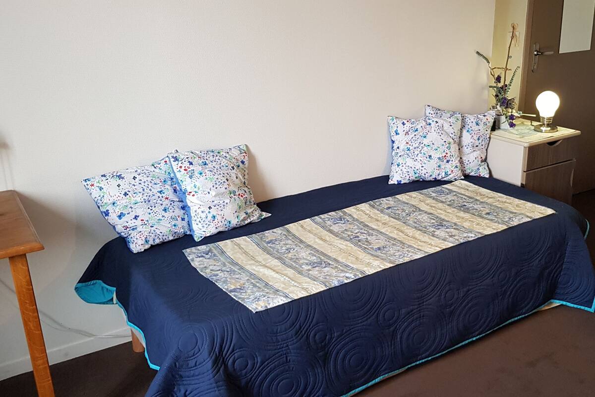 A neatly made bed with floral pillows, a bedside table with a lamp, and a small wooden nightstand with a clock.